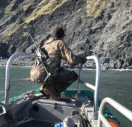 Biologist Justin Jenniges scans the beach at Marmot Island for cover while Boat Officer Tom Gage eases the skiff up to a good landing spot Some beaches like this are up against sheer cliffs and finding cover for stalking is a challenge An unloaded CO2powered dart projector is on his back