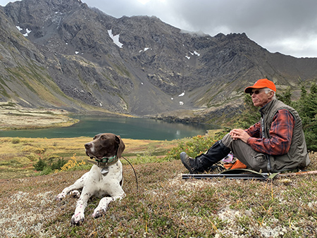 Ptarmigan hunter in the Chugach Mountains Unit 14 ADFampGrsquos Statewide Small Game Program conducts summer brood surveys for grouse and ptarmigan with the help of volunteers with welltrained bird dogs which locate birds and hold a steady point so chicks and adults can be counted Photo Rick Merizon September 2020