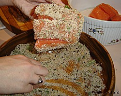 After dredging the fish in the salt place in a bowl The dry brine will pull moisture from the fish 30 t0 45 minutes is all it takes  don39t leave it longer or it will be too salty