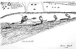 The illustration is by the late Simon Paneak of Anaktuvuk who depicted their technique for hunting caribou by kayak Permission to use it was given by John Martin Campbell