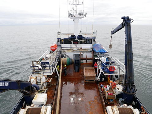 One of the vessels used for surveys  this is the the FV Northwest Explorer These surveys use large marine vessels that can handle rougher seas and effectively tow a 600foot net for 30 to 60 minutes at 3 to 5 knots speed