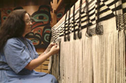 Terry Rofkar weaving at the Southeast Alaska Indian Cultural Center in Sitka