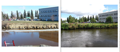 Streambank improvement in Fairbanks near the Fairbanks Northstar Borough Building before and after