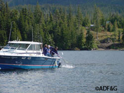 Skip and Louise Pattison landing a king salmon while fishing on the sport charter vessel Katrina Lynn near Ketchikan on a bright sunny day Photo courtesy Mike Wood