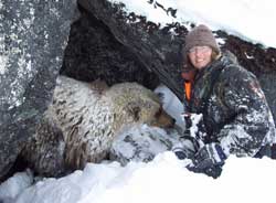 Biologist Becky Schwanke with a study bear in winter