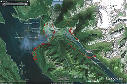 This map shows the locations of one of the tagged goldeneyes as it moved around the Juneau area The Juneau airport and Mendenhall wetlands are near the center of the frame with Douglas Island below Stephens Passage to the left and Gastineau Channel to the right