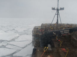 The FV emBaranofem pulling pots in pack ice during the 20112012 snow crab season in the Bering Sea when record pack ice caused difficulty in achieving the Total Allowable Catch leading to a twoweek extension of the sevenmonth season Photo credit Heather Jackson ADFampG Commercial Fisheries Division Dutch Harbor Crab Observer Program