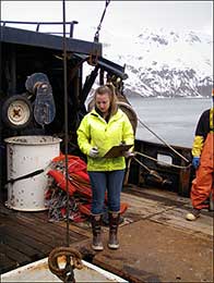 ADFG observer program biologist Nyssa Baechler conducting average weight samples during an offload to a processing plant in Dutch Harbor Photo ADFampG Crab Observer Program