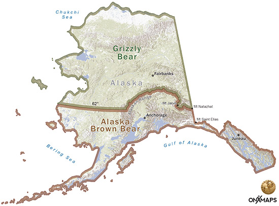 A map of Alaska showing the delineation used by the Boone and Crockett Club when categorizing emUrsus arctosem specimens for trophy record classification The Kodiak Archipelago can be seen directly south of the mainland in the western portion of the Gulf of Alaska Map courtesy of the Boone and Crockett Club ndash wwwboonecrockettorg