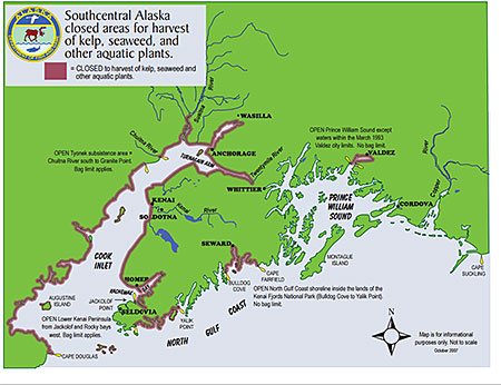 Areas closed to collecting aquatic plants in Southcentral are indicated with the heavy lines Within the Anchorage nonsubsistence area there are two open areas  Tyonek just south of the Chuitna River and the Seldovia area at the southern end of the Kenai Peninsula