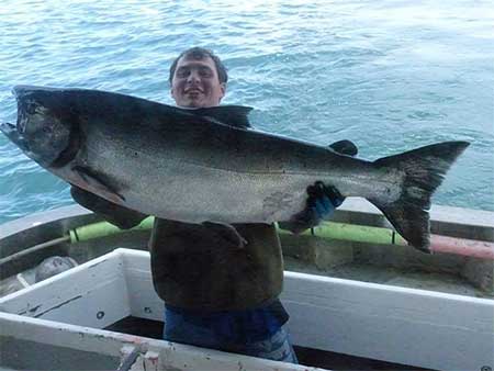 A direct market commercial fisherman holding up a king salmon