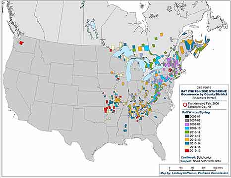 A March 2016 map showing the location of bats with Whitenose Syndrome in North America