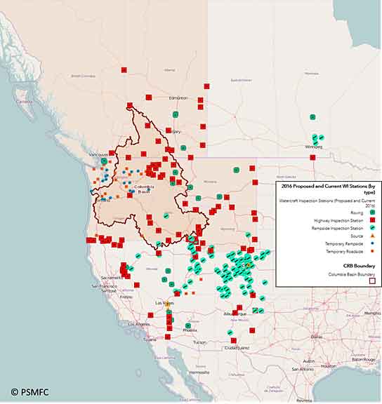 Map of watercraft inspection and decontamination stations in western North America not including interior CA