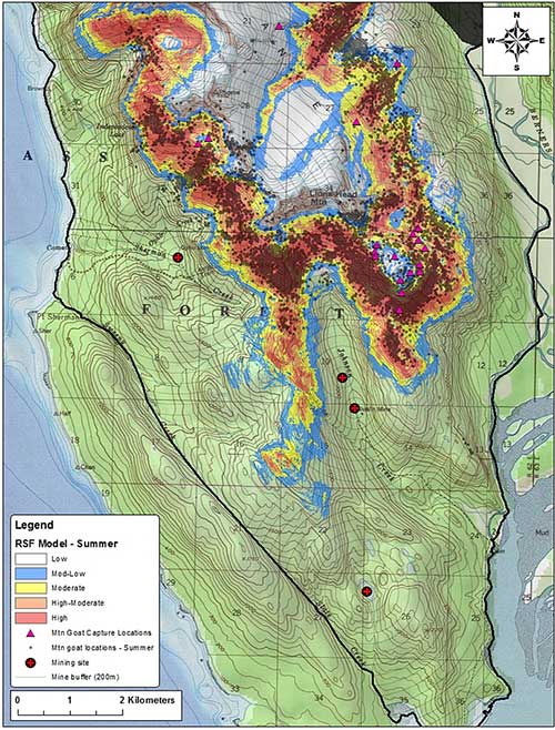 Map depicting mountain goat use of predicted summer habitat in the vicinity of the Kensington Mine Lynn Canal Southeast Alaska Summer mountain goat GPS locations grey dots and capture sites purple triangles are plotted along with mine activity centers red crosses and 200m concentric buffers grey lines RSF model predictions which describe the relative probability of use are colorcoded based on the quantile distribution of RSF scores