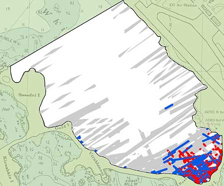Changes in presence and percent cover of Dvex from 2012 to 2016 Blue indicates a decrease in occurrence red indicates an increase in occurrence areas not surveyed in both 2012 and 2016 are white and grey represents no change
