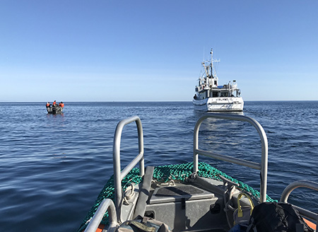 Returning to charter vessel RV Island C after scanning a haulout for good catching opportunities The captain and crew of large vessels make it possible to work remote spots along the Alaska coast This cruise travelled from Homer to Kodiak and back over 13 days