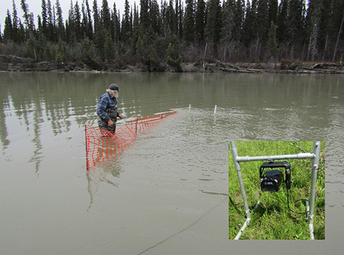 Deploying sonar at mouth of Big River  Inset an ARIS out of water