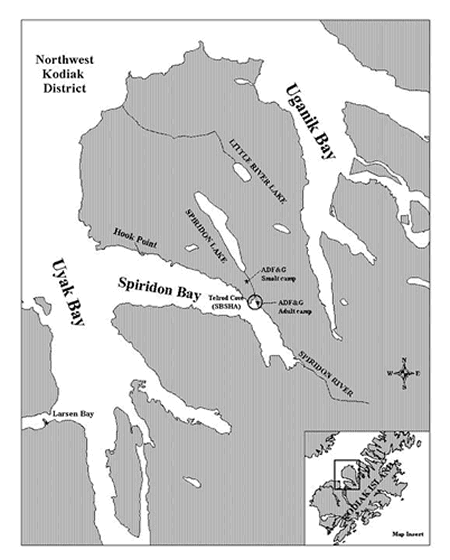 Location of Spiridon Lake Telrod Creek and Telrod Cove on Kodiak Island