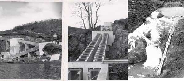 Frazer fish pass constructed in 1962 viewed from below left and center and above right