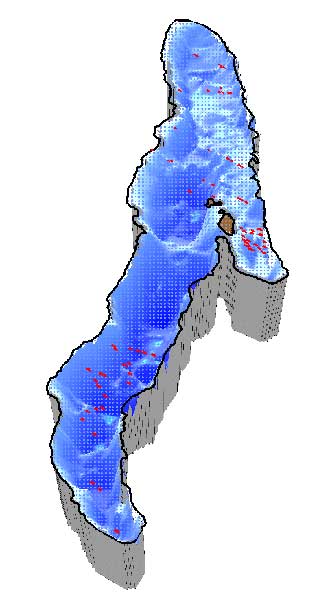 Fish locations red markers in Karluk Lake
