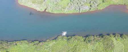 Aerial view of smolt traps actively fishing on the Chignik River