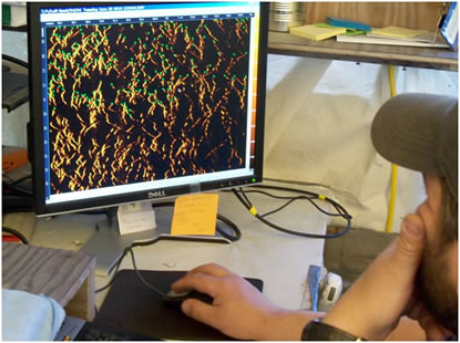 A splitbeam sonar echogram right represents the echoes returned from each fish as a series of dots referred to as a fish trace Technicians count echogram fish traces and biologists then use their counts to produce an estimate of abundance