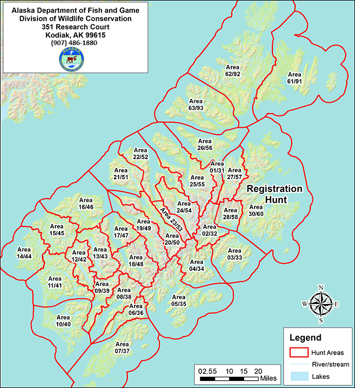Map of Kodiak Island Areas.  The map also displays contact information for the Kodiak office, which is as follows: Alaska Department of Fish and Game, Division of Wildlife Conservation, 351 Research Court Kodiak, AK 99615.  Nathan Svoboda is the Area Wildlife Biologist.  John Crye is the Wildlife Biologist.  P.J. Purdy is the Program Technician.