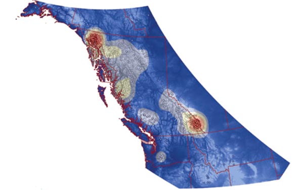 Figure 3 Map describing mountain goat genetic diversity across North America red depicts areas of high genetic diversity The northern genetic diversity hot spot is located in the vicinity of Haines Alaska