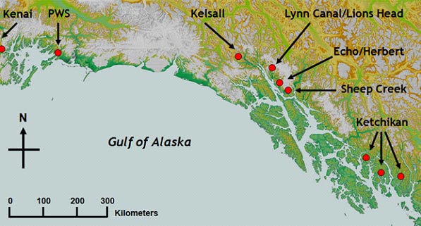 Figure 2 Location of study areas where radiomarked mountain goats were monitored and climate data collected to examine age sex and climate effects on survival in coastal Alaska 19772008