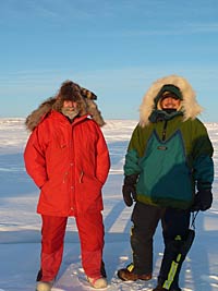 Alaska Department of Fish and Game bear researcher Dick Shideler and US Fish and Wildlife Service biologist Craig Perham in the field in early February